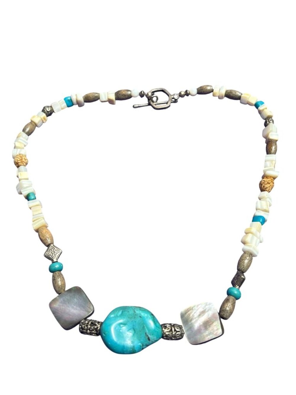 Y2K Artisan Boho Beaded Necklace Mother of Pearl Abalone Shell Wooden Beads